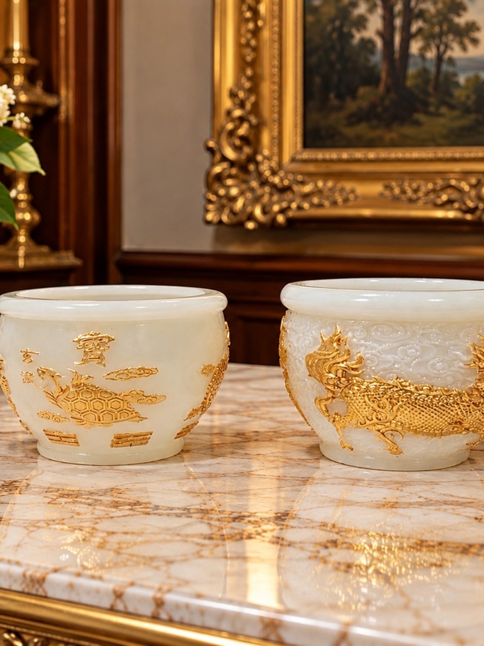 Pair Chinese Style Glow-in-the-Dark Dragon & Turtle Decorative Bowls